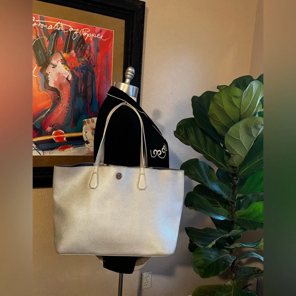 Tory Burch Perry Metallic Gray Leather Large Silver Tote Bag